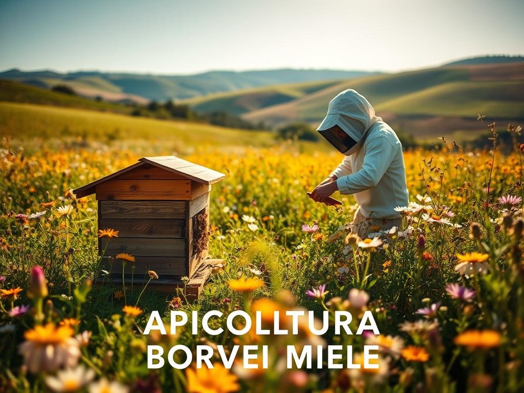 A lush, sun-dappled meadow filled with vibrant wildflowers and buzzing bees. In the foreground, a wooden beehive sits nestled among the flora, its entrance abuzz with activity. The middle ground features a beekeeper, clad in a protective suit, gently tending to the hive, their movements graceful and purposeful. In the background, an expanse of rolling hills and a clear, azure sky create a serene, tranquil atmosphere. The warm, golden lighting casts a soft, diffused glow over the entire scene, evoking a sense of tranquility and harmony. The image is labeled "APICOLTURA BORVEI MIELE", reflecting the artisanal, Italian-inspired nature of the honey production.