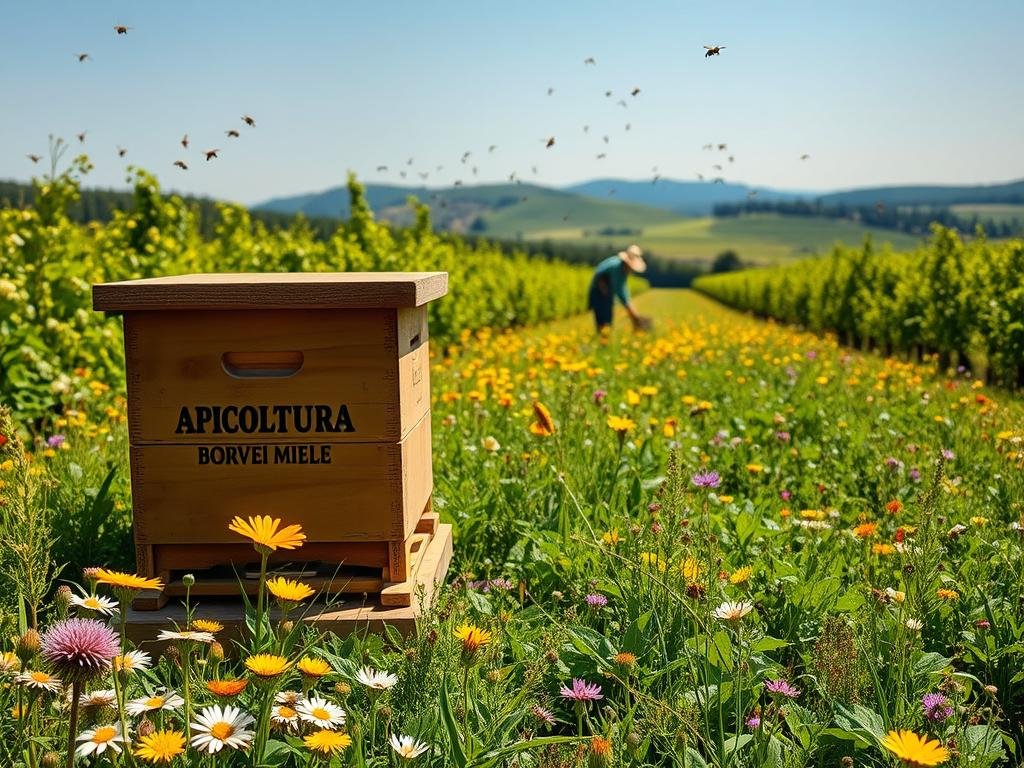 A lush, sun-dappled meadow filled with vibrant wildflowers and buzzing honeybees. In the foreground, a wooden beehive bearing the brand "APICOLTURA BORVEI MIELE" stands among verdant rows of crops, representing sustainable agricultural practices that support the local bee population. The middle ground features a farmer tending to their thriving organic orchard, while the background depicts rolling hills and a distant, azure sky. The scene radiates a sense of harmony between nature, agriculture, and the essential role of pollinators in maintaining a healthy, balanced ecosystem.