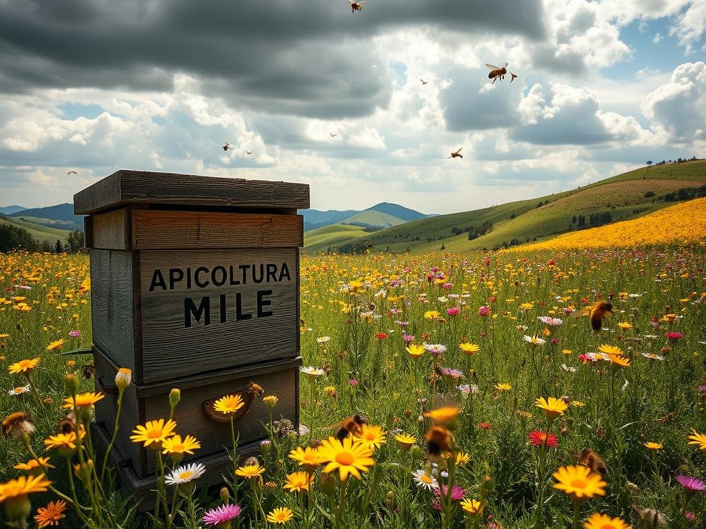 A lush, sun-dappled meadow filled with vibrant wildflowers and buzzing honeybees. In the foreground, a weathered wooden hive bearing the "APICOLTURA BORVEI MIELE" logo stands tall, its inhabitants flitting in and out. The middle ground reveals rolling hills in the distance, their slopes dotted with colorful blooms. Overhead, a dramatic cloudscape casts shifting shadows, hinting at the looming threat of climate change. The overall mood is one of tranquility and harmony, yet with an underlying sense of fragility and the need for preservation. Shoot this scene with a wide-angle lens, capturing the depth and scale of the environment.