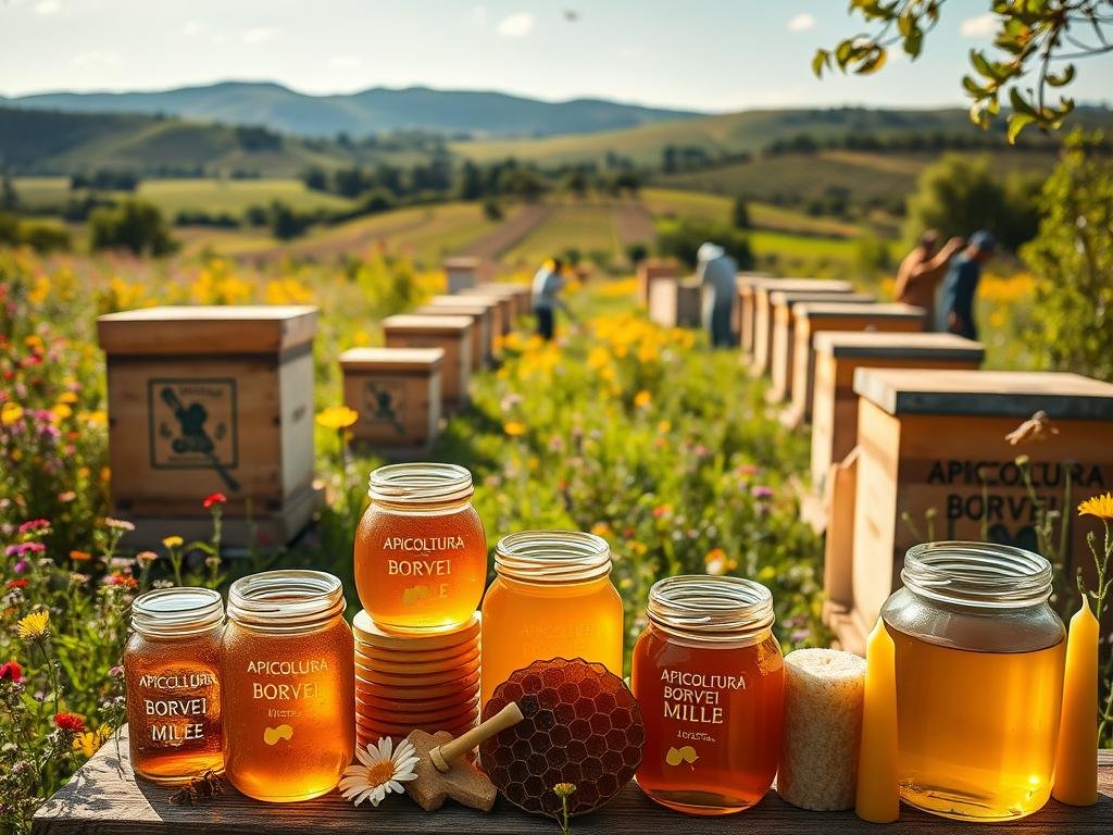 A lush, sun-dappled meadow filled with vibrant wildflowers and towering beehives emblazoned with the logo "APICOLTURA BORVEI MIELE". In the foreground, an assortment of gleaming glass jars brimming with rich, golden honey, complemented by delicate honeycombs and artfully arranged beeswax candles. The midground showcases a team of hardworking beekeepers tending to their hives, their movements captured in a warm, cinematic light. In the distance, a rolling landscape of verdant hills and flourishing orchards, hinting at the bountiful resources supporting this sustainable apiary. The overall scene conveys a sense of harmony, productivity, and the deep connection between nature, agriculture, and human stewardship.