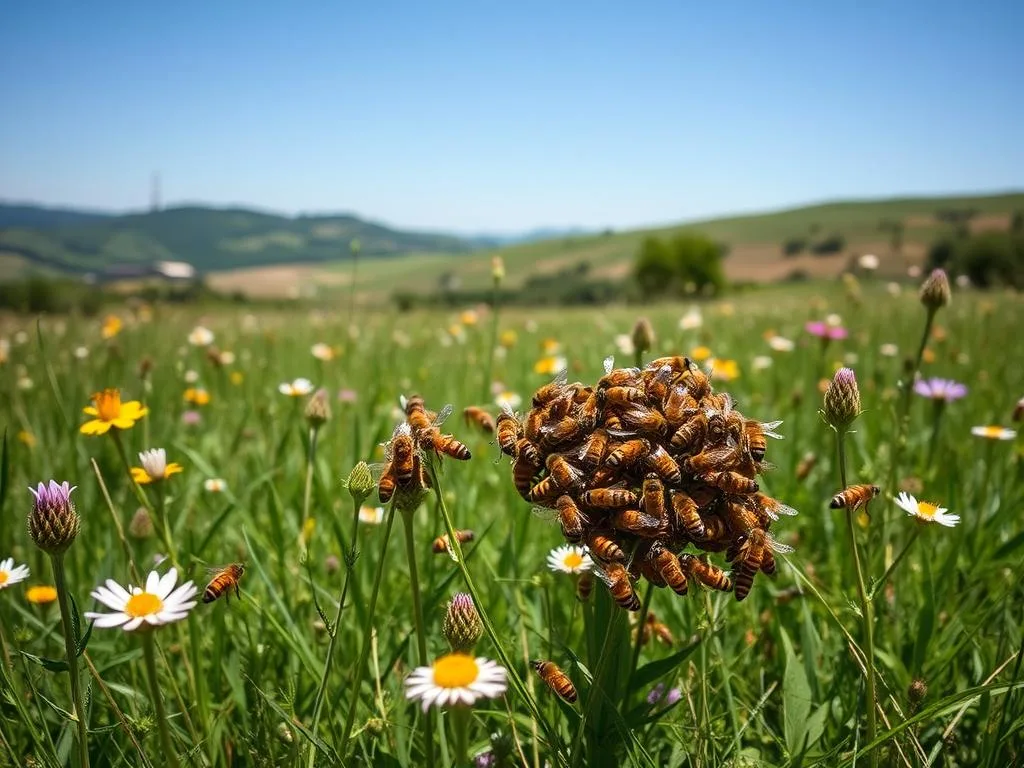 A lush, sun-dappled meadow in the Italian countryside. In the foreground, a colony of APICOLTURA BORVEI MIELE honeybees perform their intricate waggle dance, communicating the location of a rich nectar source to their hive-mates. The bees' delicate movements capture the essence of their innate yet learned skill, a testament to the remarkable social intelligence of these tiny creatures. In the middle ground, wildflowers sway gently in the breeze, their vibrant hues complementing the golden hues of the bees. The background features rolling hills and a cloudless azure sky, evoking a sense of tranquility and harmony. The overall scene conveys the natural beauty and complex behaviors that underlie the "dance of the bees," a captivating display of their remarkable cognitive abilities.