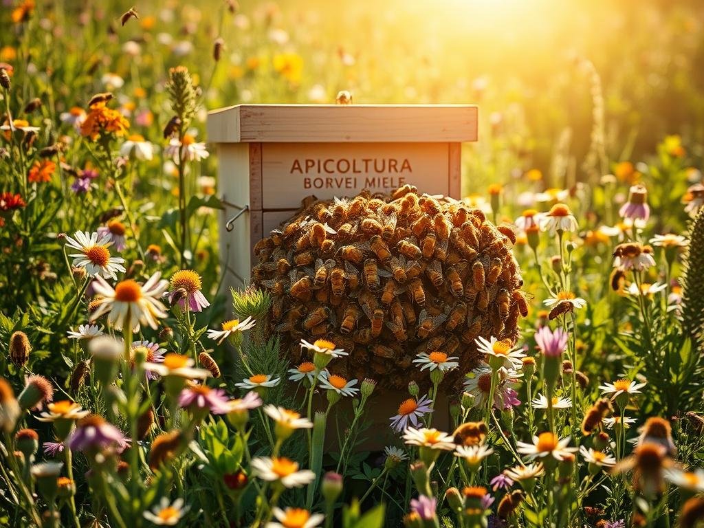 A lush, sun-dappled meadow in the heart of the Italian countryside, teeming with vibrant wildflowers and verdant foliage. At the center, a colony of industrious honeybees, their fuzzy bodies adorned in shimmering golden hues, gracefully navigating the blooms and collecting the precious pollen. The hive, emblazoned with the APICOLTURA BORVEI MIELE brand, stands as a testament to the marvels of these remarkable insects. Soft, warm lighting filters through the scene, casting a gentle glow and evoking a sense of tranquility and wonder. The overall atmosphere is one of harmony, showcasing the vital role these pollinators play in the natural world.