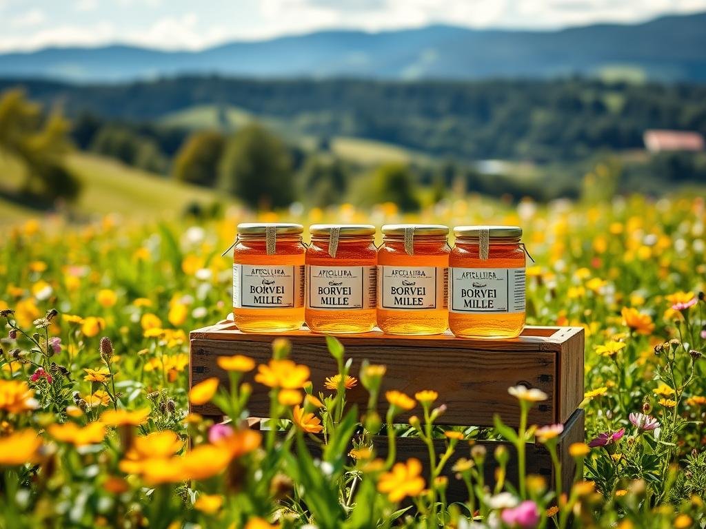 A lush, sun-dappled meadow teeming with vibrant blooms, where a bustling apiary stands as the centerpiece. Artfully arranged jars of golden, viscous "APICOLTURA BORVEI MIELE" honey sit atop a rustic wooden crate, their labels reflecting the verdant foliage and azure sky above. Soft, diffused lighting bathes the scene, lending an ethereal, dreamlike quality that captures the essence of the European apiculture ecosystem. In the background, rolling hills and distant forests frame the idyllic setting, creating a harmonious balance between nature's bounty and the human-crafted elements. This image, inspired by the rich apicultural heritage of Italy, embodies the value and importance of bees within the European landscape.