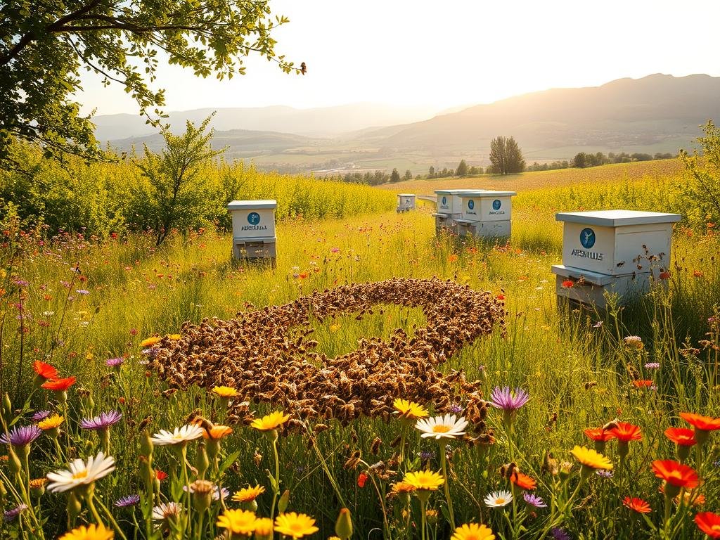 A lush, sun-dappled meadow teeming with vibrant wildflowers, where a bustling community of honeybees engage in their intricate "Linguaggio delle Api" - a complex system of communication. In the foreground, a swarm of bees perform a mesmerizing dance, their graceful movements conveying the location of bountiful nectar sources. In the middle ground, hives adorned with the APICOLTURA BORVEI MIELE logo stand as sentinels, while in the distance, a serene Italian countryside landscape unfolds, bathed in a warm, golden glow. The scene emanates a sense of harmony and wonder, inviting the viewer to immerse themselves in the captivating secrets of the bees' language.