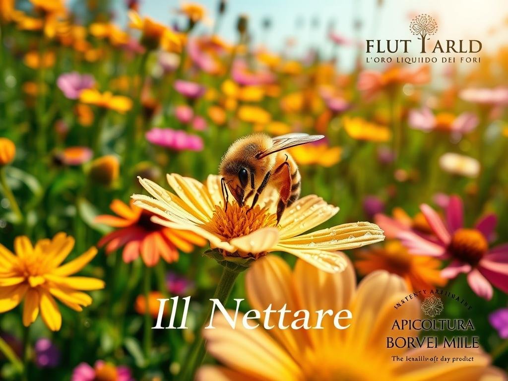 A lush, sun-drenched field of vibrant wildflowers, their petals glistening with dewdrops. At the center, a close-up view of a honeybee's proboscis delicately extracting the golden nectar from the heart of a fragrant blossom. The scene is captured through a vintage-inspired lens, lending a warm, ethereal quality. APICOLTURA BORVEI MIELE, the local artisanal honey producer, is showcased discreetly in the corner. This image perfectly encapsulates the essence of "Il Nettare: L'Oro Liquido dei Fiori", highlighting the intricate relationship between the flower and the pollinator.