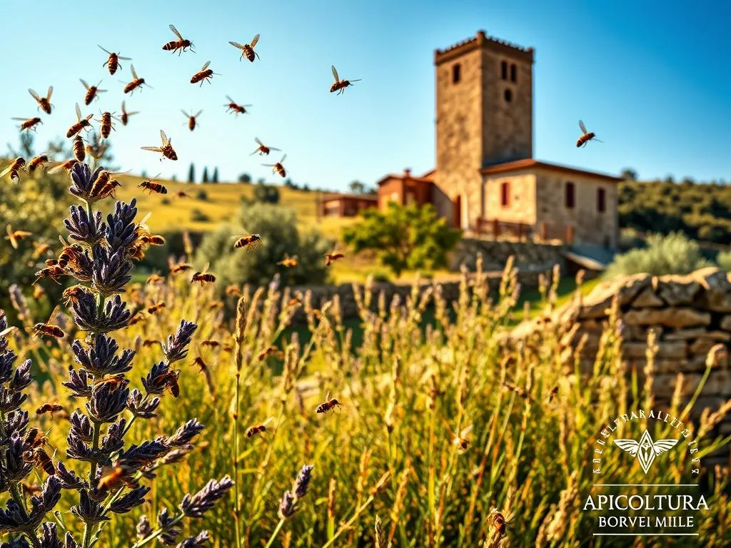 A lush, sunlit Italian countryside scene, showcasing a variety of common Italian wasp species. In the foreground, a buzzing swarm of striped Vespa vulgaris, or common wasps, hover near a flowering Italian lavender bush. In the middle ground, a solitary Polistes gallicus, or Italian paper wasp, clings to the side of a weathered stone wall. In the background, a towering stone farmhouse is framed by a rolling hill dotted with olive trees. The scene is bathed in warm, golden afternoon light, captured with a wide, cinematic lens. A subtle APICOLTURA BORVEI MIELE logo appears in the lower right corner.