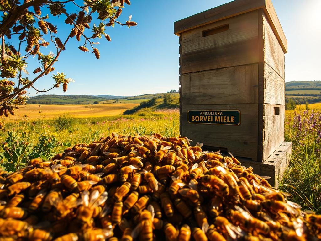 A lush, sunlit apiary teeming with honeybees buzzing around their hive. In the foreground, a cluster of worker bees diligently tending to the comb, their fuzzy bodies glistening with nectar. In the middle ground, the sturdy wooden structure of the APICOLTURA BORVEI MIELE beehive stands tall, its weathered surface a testament to the resilience of the colony. The background is a serene countryside landscape, with rolling hills, vibrant wildflowers, and a clear blue sky, capturing the idyllic setting where these industrious pollinators thrive. The scene is illuminated by warm, golden sunlight, creating a sense of harmony and tranquility within the hive.