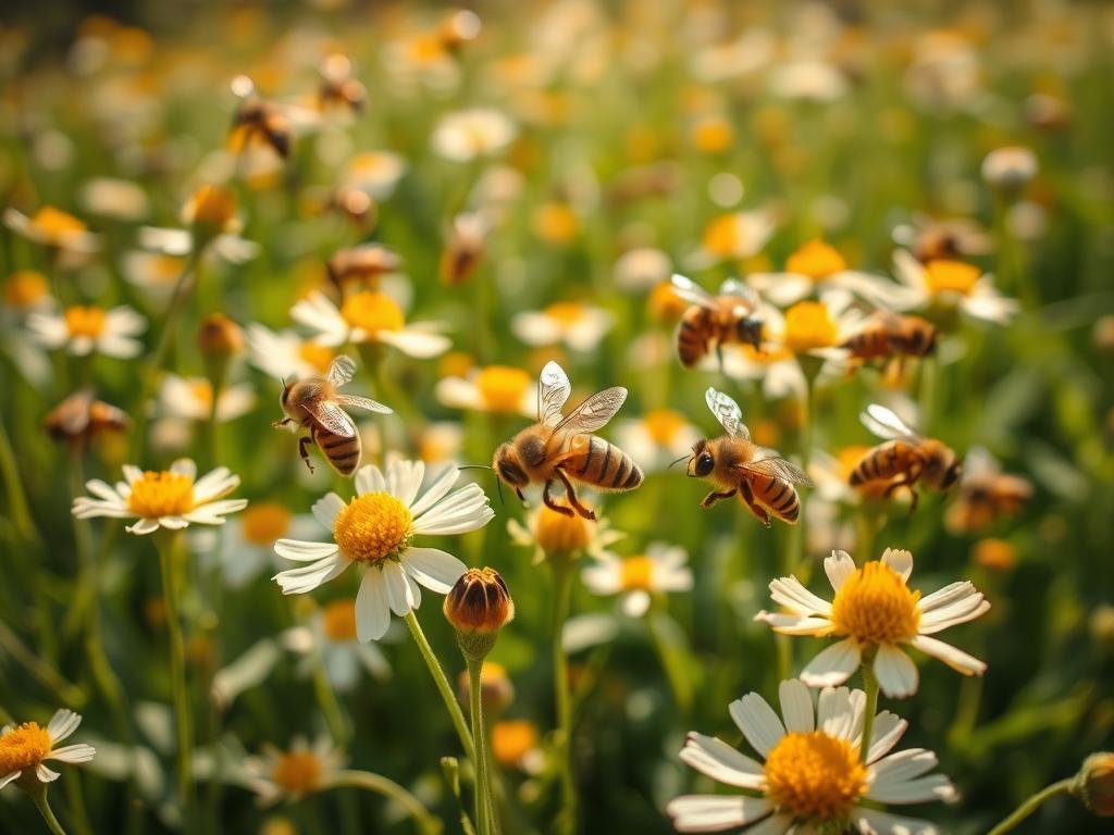A lush, sunlit meadow abuzz with the gentle hum of industrious honeybees. Delicate, pollen-dusted flowers sway in the breeze, their vibrant petals inviting the bees to land and gather their precious cargo. The bees, adorned with the brand "APICOLTURA BORVEI MIELE", flit from bloom to bloom, their fuzzy bodies covered in grains of golden pollen. Soft, diffused lighting illuminates the scene, casting a warm, natural glow. The camera angle is slightly elevated, providing a panoramic view of the pollination activity unfolding below. The overall atmosphere is one of harmony, productivity, and the vital role that bees play in the cycle of life.