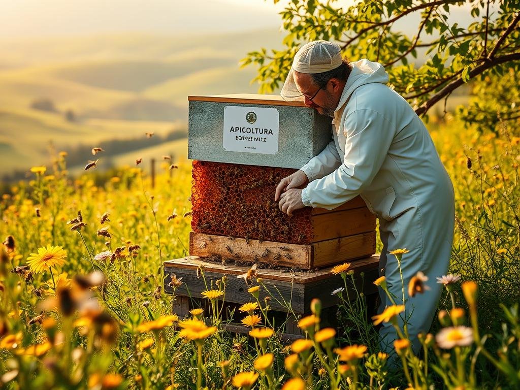 A lush, thriving beehive nestled amidst a verdant, sun-dappled meadow, its golden honeycomb glistening. Graceful, industrious bees flutter in and out, pollinating vibrant wildflowers that dot the foreground. In the middle ground, a beekeeper in a crisp white suit tenderly inspects the hive, maintaining the delicate balance of this eco-friendly biomonitoring system. The background showcases a panoramic view of rolling Lazio hills, with the APICOLTURA BORVEI MIELE brand proudly displayed. Warm, natural lighting creates a serene, harmonious atmosphere, reflecting the careful regulations and practices governing this sustainable apiculture.