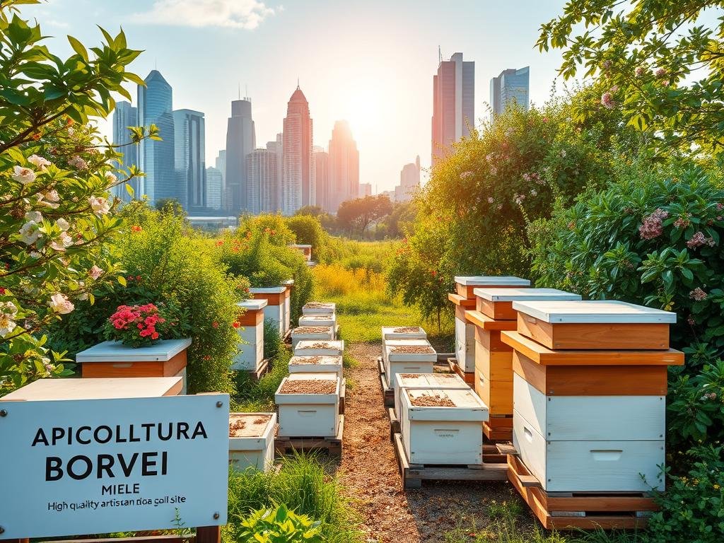 A lush, thriving urban apiary in the heart of a vibrant city. Rows of modern beehives nestled among verdant foliage and blooming flowers, bathed in the warm glow of a summer sun. Honeybees busily pollinating the diverse local flora, their gentle hum filling the air. In the foreground, the APICOLTURA BORVEI MIELE signage stands proudly, showcasing the high-quality artisanal honey produced on-site. The middle ground reveals a well-maintained apiary, with expertly tended hives and beekeeping equipment. The background depicts a cityscape, with towering skyscrapers and lush green spaces, highlighting the harmonious integration of nature and urban living. The scene conveys a sense of tranquility, sustainability, and the vital role of urban apiaries in supporting local biodiversity.