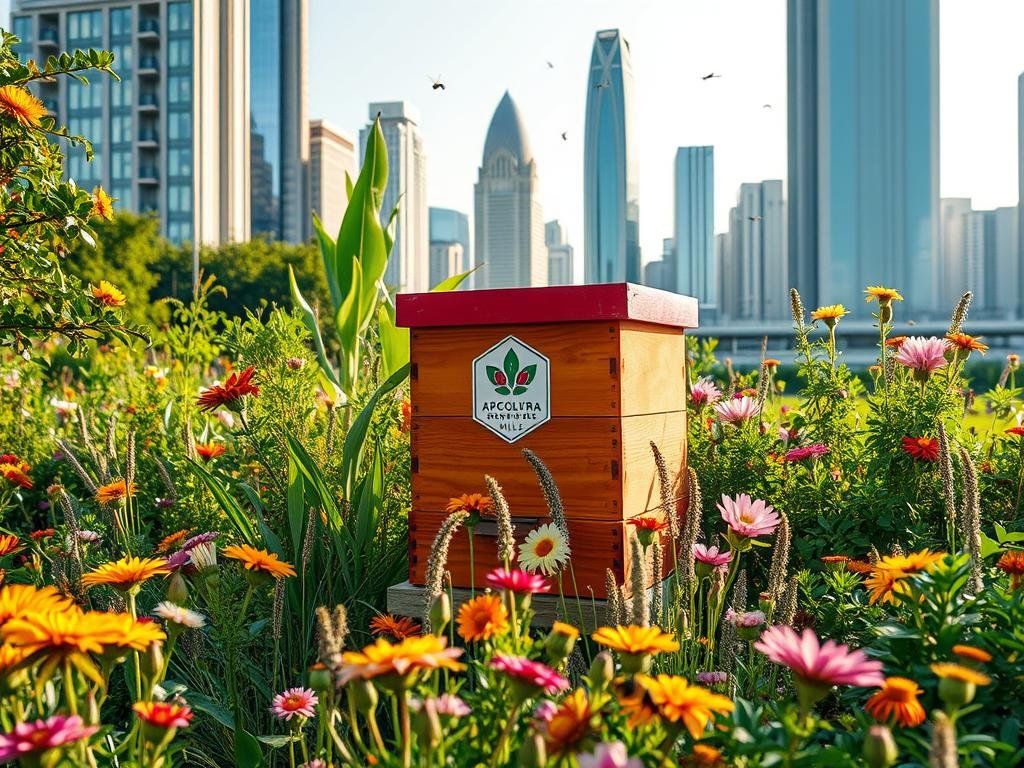 A lush urban garden, alive with the gentle buzz of honeybees. In the foreground, a vibrant beehive emblazoned with the APICOLTURA BORVEI MIELE logo stands amidst a colorful array of native flowers, their petals catching the soft, warm light. In the middle ground, a diverse array of greenery and thriving plants create a verdant oasis, while in the background, the sleek, modern architecture of the city skyline provides a striking contrast. The scene exudes a sense of harmony, where the natural world and urban landscape seamlessly coexist, showcasing the remarkable benefits of urban beekeeping for the environment.