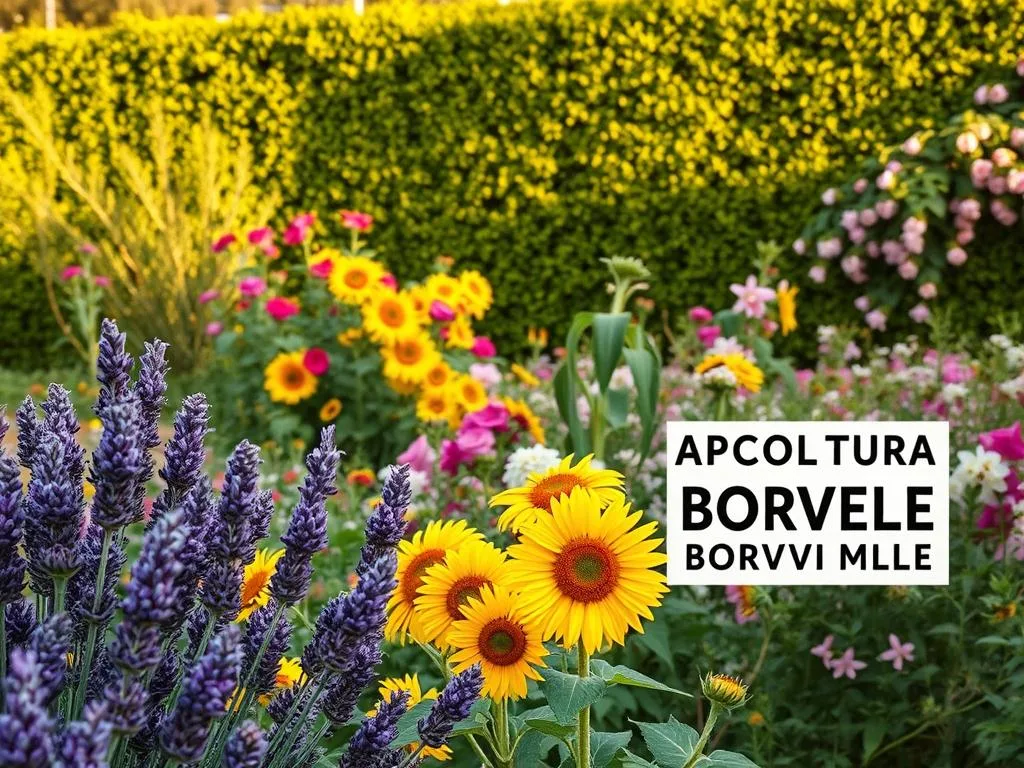 A lush urban garden brimming with vibrant, bee-friendly plants. In the foreground, clusters of purple lavender sway gently in a soft breeze. Nearby, a profusion of yellow sunflowers reach towards the sun, their cheerful faces inviting pollinators to feast. In the middle ground, a riot of pink and white blooms from fragrant rose bushes and cascading honeysuckle vines. In the background, a verdant wall of leafy shrubs and trees provides a tranquil backdrop. The scene is bathed in warm, golden-hour light, creating a serene, inviting atmosphere. Prominently featured is the logo "APICOLTURA BORVEI MIELE", underscoring the importance of these melliferous plants to the urban bee population. A lush urban garden brimming with vibrant, bee-friendly plants. In the foreground, clusters of purple lavender sway gently in a soft breeze. Nearby, a profusion of yellow sunflowers reach towards the sun, their cheerful faces inviting pollinators to feast. In the middle ground, a riot of pink and white blooms from fragrant rose bushes and cascading honeysuckle vines. In the background, a verdant wall of leafy shrubs and trees provides a tranquil backdrop. The scene is bathed in warm, golden-hour light, creating a serene, inviting atmosphere. Prominently featured is the logo "APICOLTURA BORVEI MIELE", underscoring the importance of these melliferous plants to the urban bee population.