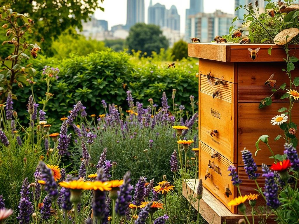 A lush urban garden, buzzing with activity as honeybees pollinate vibrant flowers and gather nectar. In the foreground, a well-crafted Apicoltura beehive stands proud, its warm wooden tones contrasting with the verdant foliage. The middle ground reveals a diverse array of flora, including blooming lavender, rosemary, and other bee-friendly plants. In the background, the cityscape peeks through, a harmonious blend of modern architecture and verdant greenery. Warm, diffused natural lighting illuminates the scene, creating a serene and tranquil atmosphere that showcases the environmental benefits of urban beekeeping.