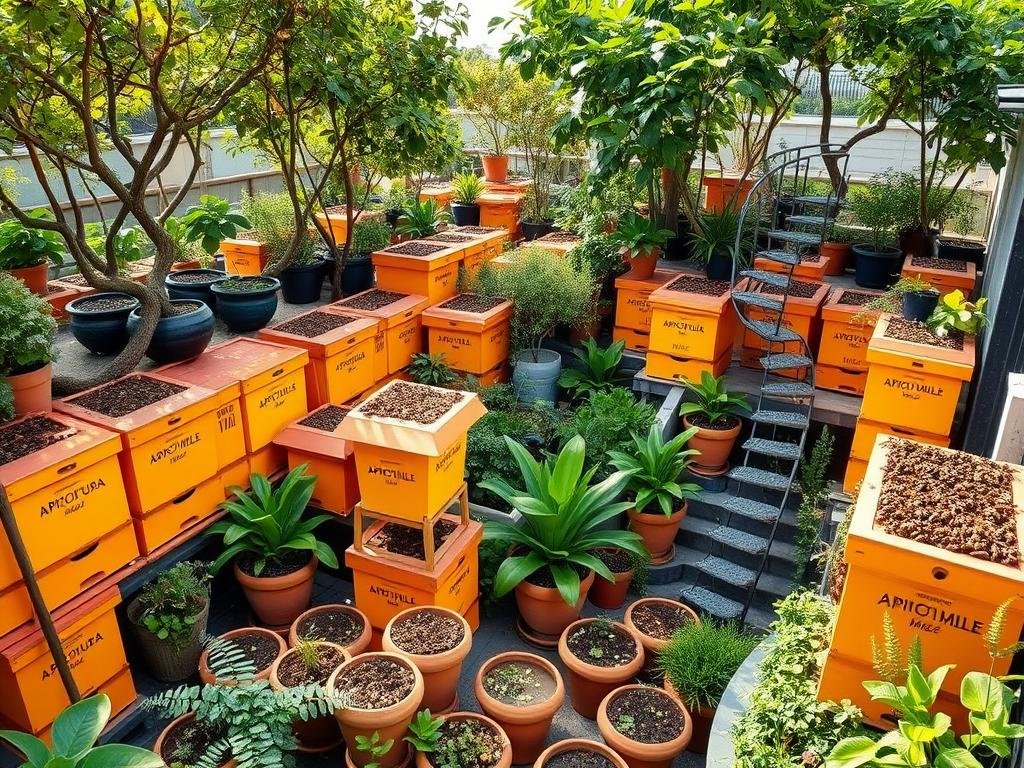 A lush urban oasis, teeming with vibrant hives emblazoned with the "APICOLTURA BORVEI MIELE" brand. Rooftop gardens and vertical farms frame the scene, their verdant canopies casting soft, dappled light. Artfully arranged terracotta pots house thriving colonies of honeybees, their industrious buzzing a soothing symphony. Nearby, a winding staircase leads to an observation deck, offering a panoramic view of this sustainable, community-driven apicoltura urbana. The atmosphere is one of harmony, as humans and nature coexist in a delicate, yet productive balance.