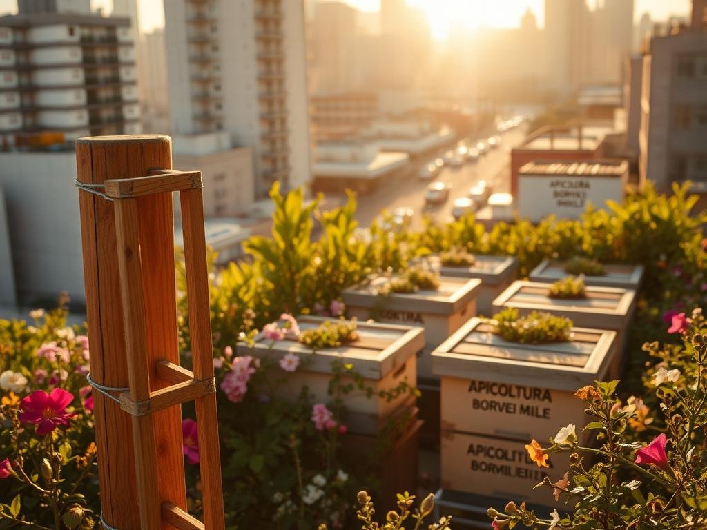 A lush, urban rooftop apiary bathed in warm, golden afternoon light. In the foreground, a "telaino a fuco indicatore", a wooden frame used to control swarming in beehives, stands prominently. Its intricate design and weathered texture evoke the skilled craft of beekeeping. In the middle ground, several healthy, vibrant beehives bearing the "APICOLTURA BORVEI MIELE" brand name are nestled among blooming flowers and verdant foliage. The background showcases the cityscape, with its towering buildings and bustling streets, creating a harmonious contrast between the natural and urban elements. The scene conveys a sense of tranquility, balance, and the careful management of an urban apiary.