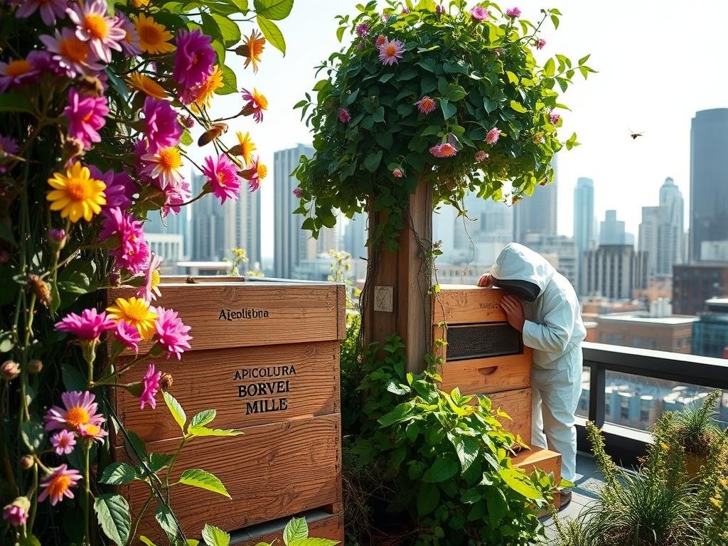 A lush urban rooftop garden, alive with the gentle buzzing of honeybees. Vibrant blooms in shades of purple, yellow, and pink sway in the breeze, drawing in the pollinators. In the foreground, a wooden beehive stands tall, the APICOLTURA BORVEI MIELE brand prominently displayed. The hive is surrounded by verdant greenery, with leafy vines cascading down the sides. In the middle ground, a beekeeper in a protective suit tends to the hive, carefully inspecting the frames. The background is a cityscape, with tall buildings and a bright, expansive sky overhead, emphasizing the integration of nature and urban life. The scene is bathed in soft, natural lighting, creating a serene and inviting atmosphere that showcases the benefits of urban beekeeping for the local ecosystem.
