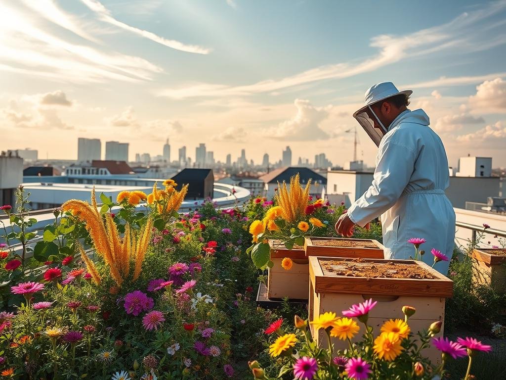 A lush urban rooftop garden, brimming with vibrant blooms and thriving beehives. In the foreground, a beekeeper in a white suit tends to the APICOLTURA BORVEI MIELE hives, surrounded by a diverse array of native flowers and greenery. The middle ground features a skyline of modern Italian architecture, hinting at the urban setting. Soft, golden afternoon light filters through wispy clouds, casting a warm glow over the scene. The overall atmosphere is one of harmony, sustainability, and the symbiotic relationship between humans and nature, embodying the future of urban beekeeping in Italy.