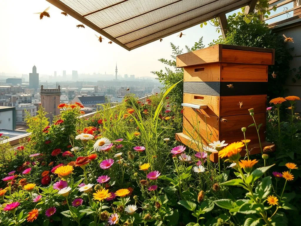 A lush urban rooftop garden, filled with vibrant blooms and verdant foliage. In the center, a modern, well-designed APICOLTURA BORVEI MIELE beehive stands tall, its sleek lines and warm wooden tones blending seamlessly with the surrounding greenery. Sunlight filters through the canopy, casting a warm, golden glow over the scene. Bees dart to and fro, pollinating the diverse array of flowers and plants. In the background, the skyline of a bustling Italian city can be seen, a testament to the harmony between nature and the urban landscape. The overall composition evokes a sense of tranquility and productivity, perfectly capturing the essence of an "apiario urbano". A lush urban rooftop garden, filled with vibrant blooms and verdant foliage. In the center, a modern, well-designed APICOLTURA BORVEI MIELE beehive stands tall, its sleek lines and warm wooden tones blending seamlessly with the surrounding greenery. Sunlight filters through the canopy, casting a warm, golden glow over the scene. Bees dart to and fro, pollinating the diverse array of flowers and plants. In the background, the skyline of a bustling Italian city can be seen, a testament to the harmony between nature and the urban landscape. The overall composition evokes a sense of tranquility and productivity, perfectly capturing the essence of an "apiario urbano".
