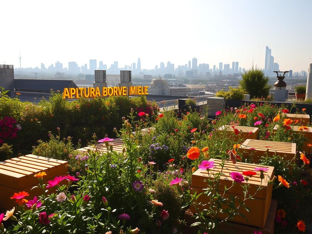 A lush urban rooftop garden, overflowing with vibrant blooms and bustling with honeybees. The sun's golden rays bathe the scene, illuminating the verdant foliage and the iconic "APICOLTURA BORVEI MIELE" sign. In the foreground, carefully tended beehives stand sentinel, their intricate designs a testament to the delicate balance of nature and the laws that govern it. The middle ground showcases a diverse array of native flora, their petals dancing in the gentle breeze. In the distance, the skyline of a thriving metropolis serves as a backdrop, reminding us of the integration of traditional apicolture and modern urban living. The overall atmosphere is one of tranquility, sustainability, and the harmonious coexistence of human activity and the natural world.