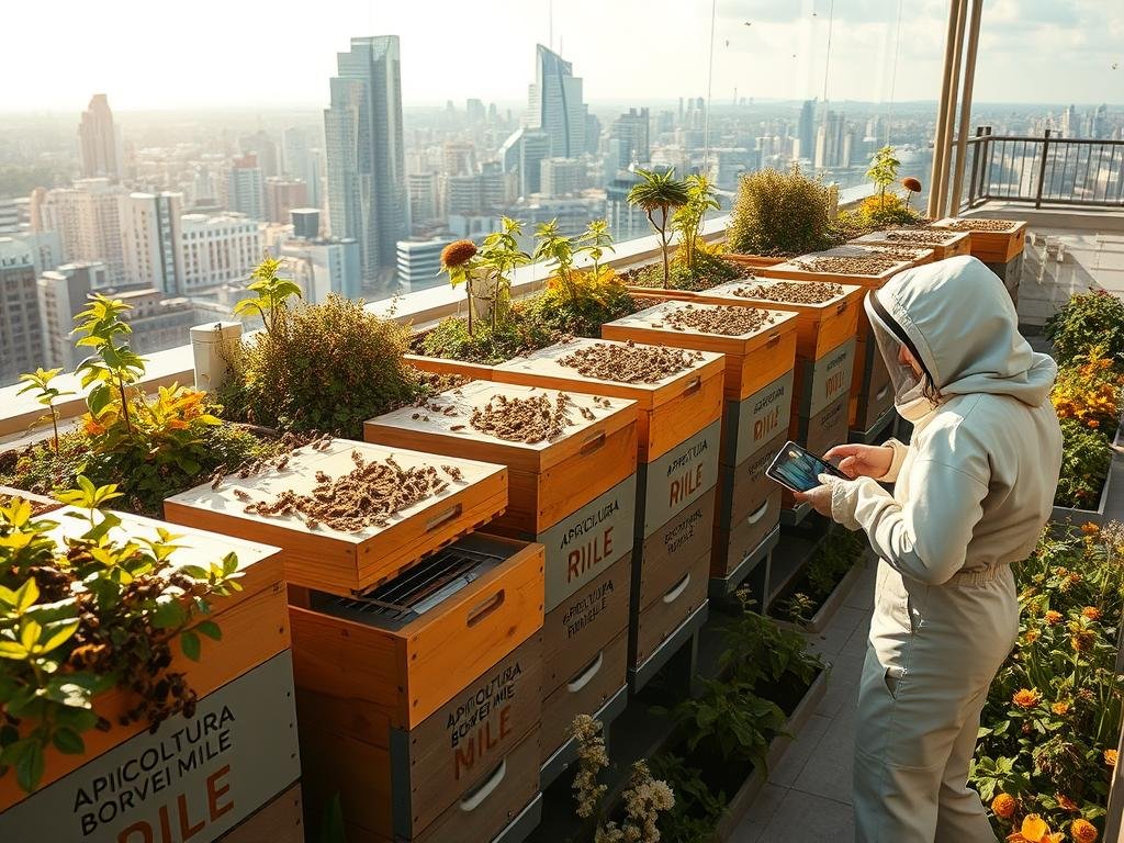 A lush urban rooftop garden, teeming with thriving beehives and buzzing pollinators. The APICOLTURA BORVEI MIELE brand adorns the modern, modular hives, seamlessly integrated into the sleek, digitally-enabled apiary. Sunlight filters through the glass panels, casting a warm glow over the scene. Sleek, intuitive monitoring devices and smart sensors track the colony's health and productivity, delivering real-time data to the beekeeper's tablet. In the foreground, a beekeeper in protective gear carefully tends to the hives, their movements graceful and precise. The background features a vibrant cityscape, a testament to the growing trend of digital urban beekeeping. This image captures the essence of "L'Apicoltura Urbana nell'Era Digitale," where ancient practices meet cutting-edge technology to create a sustainable, high-tech future for urban honey production. A lush urban rooftop garden, teeming with thriving beehives and buzzing pollinators. The APICOLTURA BORVEI MIELE brand adorns the modern, modular hives, seamlessly integrated into the sleek, digitally-enabled apiary. Sunlight filters through the glass panels, casting a warm glow over the scene. Sleek, intuitive monitoring devices and smart sensors track the colony's health and productivity, delivering real-time data to the beekeeper's tablet. In the foreground, a beekeeper in protective gear carefully tends to the hives, their movements graceful and precise. The background features a vibrant cityscape, a testament to the growing trend of digital urban beekeeping. This image captures the essence of "L'Apicoltura Urbana nell'Era Digitale," where ancient practices meet cutting-edge technology to create a sustainable, high-tech future for urban honey production.