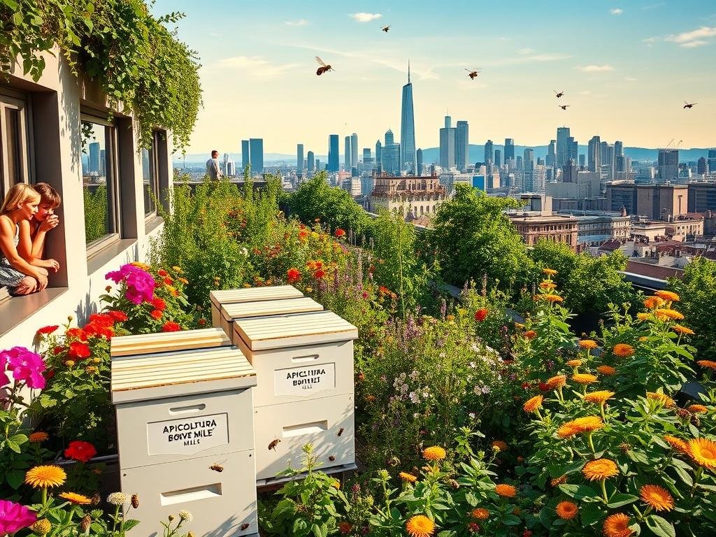 A lush urban rooftop garden, teeming with vibrant blooms and buzzing bees. Sleek modern hives emblazoned with the "APICOLTURA BORVEI MIELE" brand stand amidst a verdant oasis, bathed in warm afternoon light. Curious onlookers peer out from nearby windows, captivated by the industrious pollinators hard at work. In the background, a stunning cityscape rises, a testament to the harmony between nature and urban living. This image captures the essence of "Quali Sono i Requisiti Minimi per Iniziare con l'Apicoltura Urbana?", showcasing the minimal requirements needed to cultivate a thriving apiary in the heart of the city.