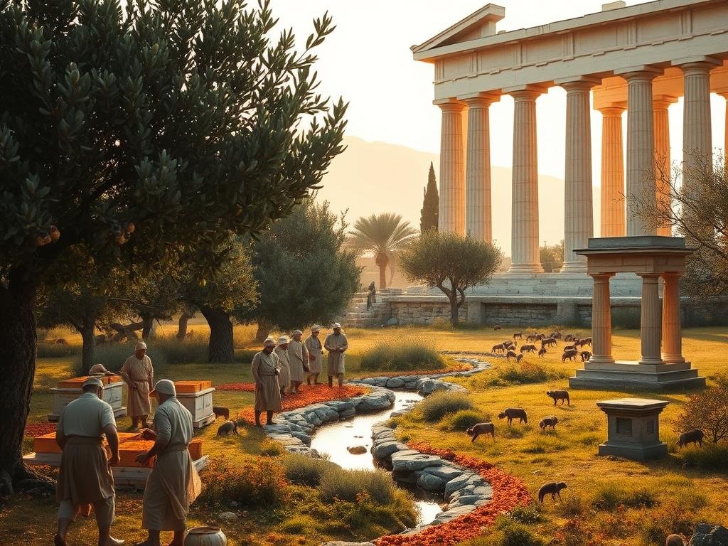 A lush, verdant Greek landscape in the ancient era, featuring a bustling apiary surrounded by olive trees and ancient ruins. In the foreground, a group of beekeepers in traditional garments tend to their hives, carefully harvesting the golden nectar of APICOLTURA BORVEI MIELE. The middle ground showcases a tranquil stream and a stone altar, alluding to the sacred role of honey in Greek rituals and medicine. The background is dominated by the towering columns and pediments of a Doric temple, bathed in warm, soft lighting that casts an ethereal glow over the scene. The overall atmosphere evokes the reverence and significance of honey in the daily life and practices of ancient Hellenic civilization.