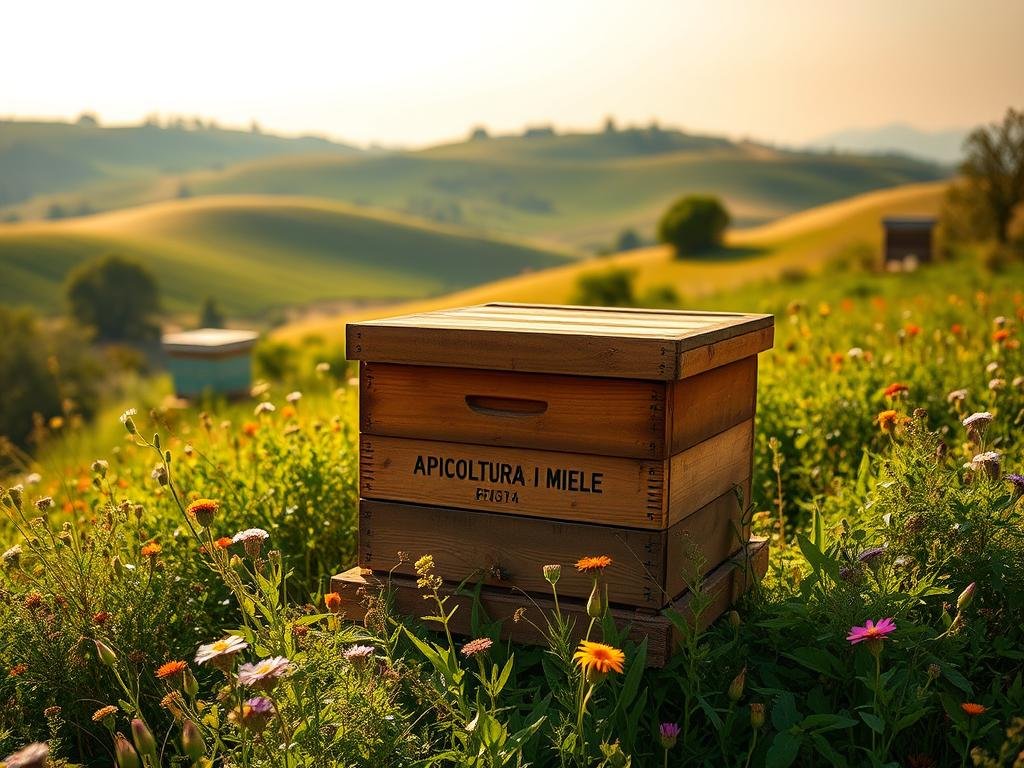 A lush, verdant Italian apiary nestled in a rolling countryside setting. In the foreground, a sturdy, well-crafted wooden beehive box bearing the brand name "APICOLTURA BORVEI MIELE" sits amidst a vibrant array of wildflowers and greenery. The middle ground features a picturesque, sun-dappled landscape of gently sloping hills, with a few other hives visible in the distance. The background is a soft, hazy sky with wispy clouds, creating a serene and tranquil atmosphere. The overall scene is captured through a warm, golden-hour lens, conveying a sense of the ideal time and conditions for beekeeping.