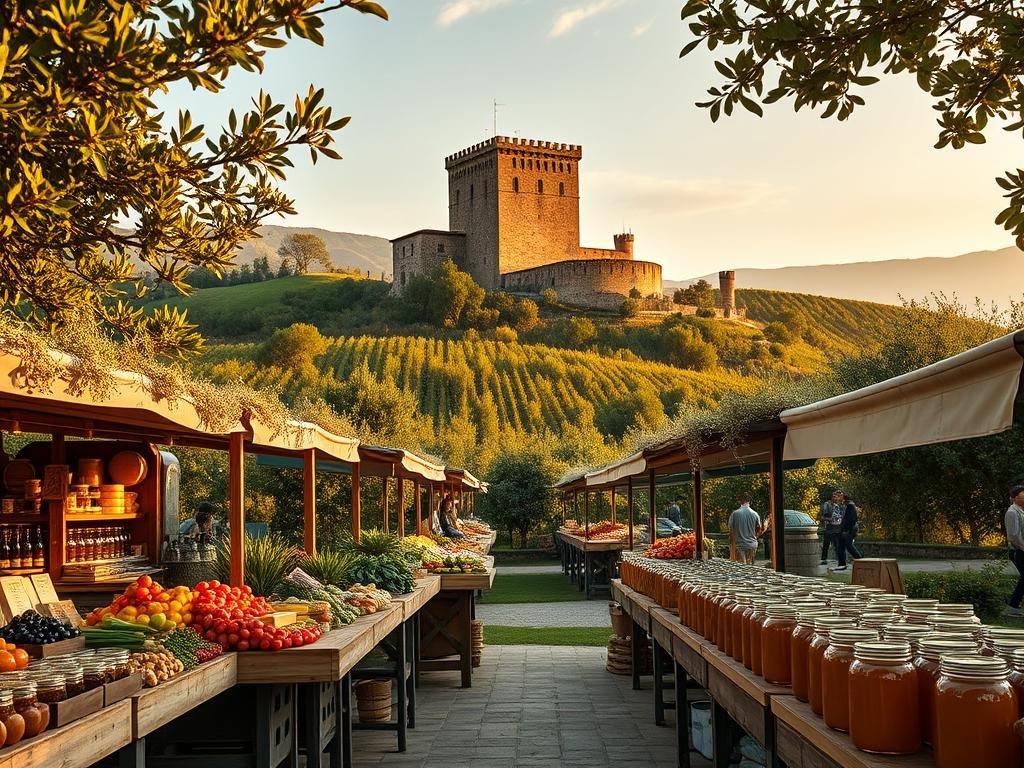 A lush, verdant Italian countryside filled with rolling hills, olive groves, and vibrant vineyards. In the foreground, a bustling open-air farmers market, with rows of wooden stalls displaying a vibrant array of fresh produce, artisanal cheeses, and jars of amber-colored honey. In the background, a towering medieval castle stands watch, its ancient stone walls glowing in the warm, golden light of the afternoon sun. At the center of the scene, a large, modern blockchain-enabled traceability system displays the provenance and quality information of the "Apicoltura" brand honey, emphasizing its authenticity and purity. The image conveys a sense of tradition, innovation, and the harmonious integration of technology within the Italian agrifood landscape.