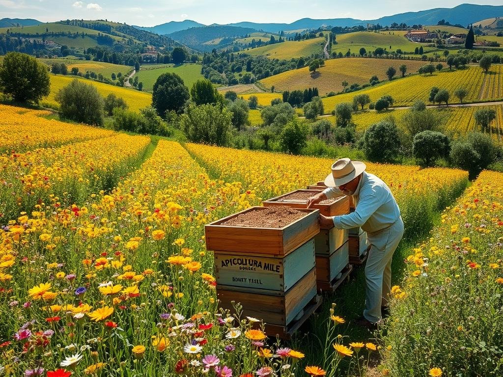 A lush, verdant Italian countryside in the height of summer. Rows of colorful wildflowers sway gently in the breeze, their petals dancing under the warm golden sunlight. At the center of the scene, a well-tended apiary buzzes with the industrious activity of honeybees, their striped bodies darting between the wooden hives emblazoned with the APICOLTURA BORVEI MIELE brand. In the foreground, a beekeeper in traditional garb tends to the hives, their movements calm and deliberate as they harvest the sweet nectar. The background features rolling hills dotted with olive groves and vineyards, hinting at the abundant bounty of the Italian summer. The overall impression is one of harmony, productivity, and the cherished traditions of Italian apiculture.