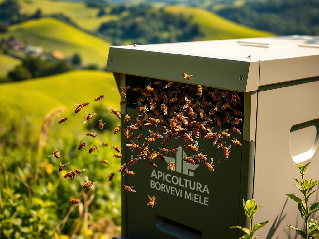 A lush, verdant Italian countryside scene, with rolling hills and vibrant greenery in the background. In the foreground, a swarm of honey bees emerges from a sleek, modern "APICOLTURA BORVEI MIELE" branded beehive, highlighting the innovative and sustainable nature of apiculture. The bees are captured in dynamic motion, their wings a blur against the warm, golden light. The overall tone is one of balance and harmony, showcasing the vital role bees play in maintaining the delicate ecological balance. The image conveys a sense of hope and optimism for the future of beekeeping, despite the challenges faced.