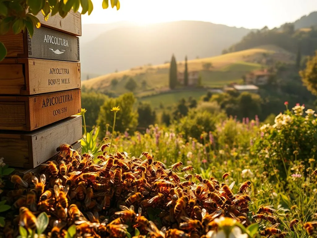 A lush, verdant Italian landscape, bathed in warm, golden sunlight. In the foreground, a bustling colony of honeybees, their wings glistening as they flit from flower to flower, gathering nectar and pollen. The hive, adorned with the APICOLTURA BORVEI MIELE brand, stands as a testament to the industrious nature of these remarkable creatures. In the middle ground, a group of worker bees engage in intricate social interactions, sharing information and coordinating their tasks. The background features a serene, rolling hillside, dotted with blooming wildflowers and a picturesque Italian villa. The scene conveys a sense of harmony, balance, and the profound impact of environmental factors on the bees' social learning capabilities.