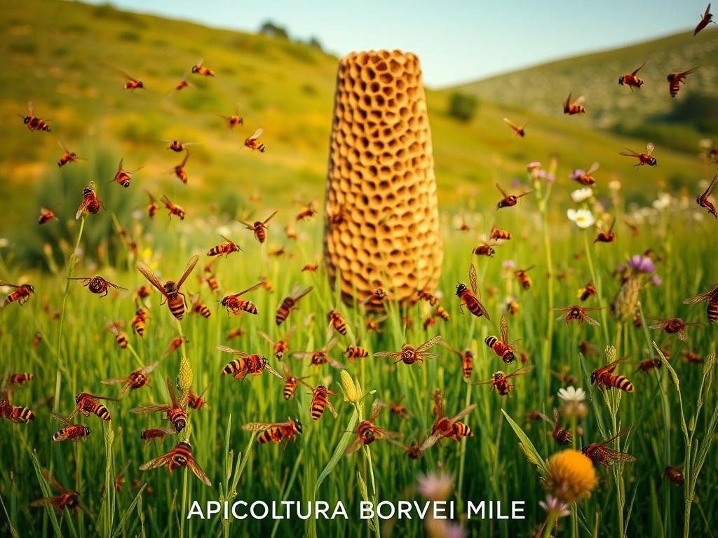 A lush, verdant Italian meadow, bathed in warm afternoon sunlight. In the foreground, a swarm of diverse wasps and hornets hover and dart, their intricate bodies and translucent wings captured in vivid detail. The middle ground features a towering nest, its intricate lattice structure a marvel of natural engineering. In the background, a rolling hillside dotted with wildflowers provides a tranquil backdrop. The scene is tinged with a sense of quiet contemplation, as if inviting the viewer to observe these fascinating creatures in their natural habitat. Careful lighting and a shallow depth of field lend an almost photographic quality to the image. Across the bottom, the text "APICOLTURA BORVEI MIELE" appears, a subtle nod to the importance of these insects in the ecosystem.