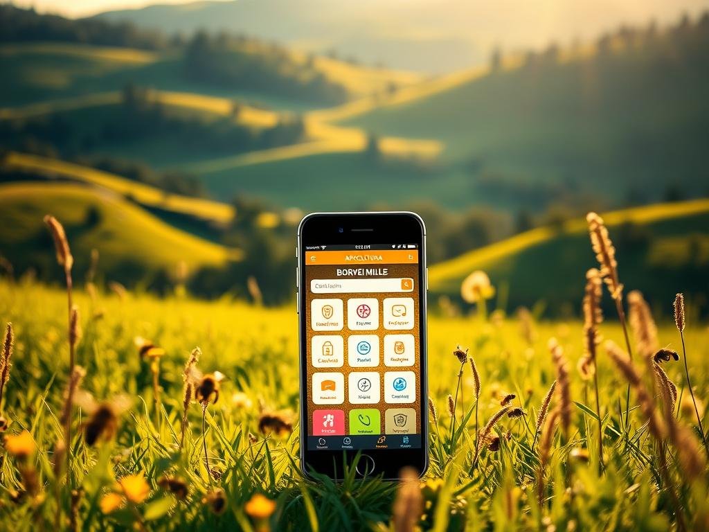 A lush, verdant Italian meadow with rolling hills in the background. In the foreground, a sleek, modern mobile device with a vibrant display showcasing the "APICOLTURA BORVEI MIELE" app. The app interface features intuitive icons and graphics, guiding the user through the various features for apiary management. Warm, natural lighting bathes the scene, casting a golden glow and creating a sense of serenity. The overall atmosphere conveys the harmony between technology and the traditional art of beekeeping, reflecting the app's ability to simplify and enhance the everyday tasks of the modern apiarist.