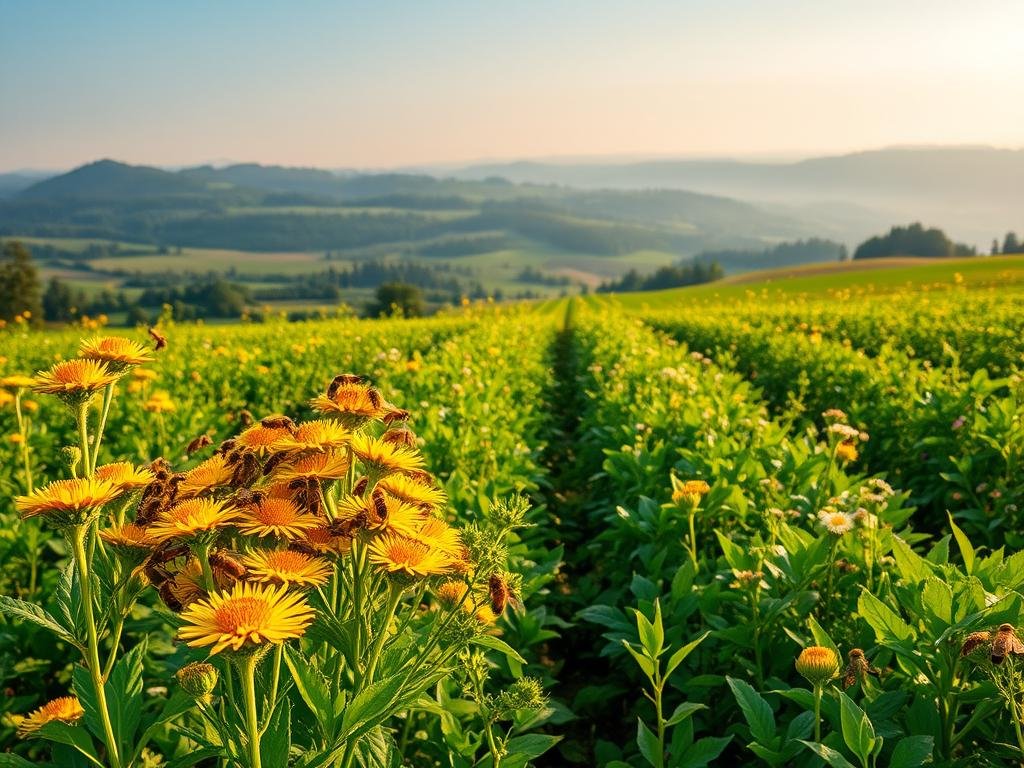 A lush, verdant agricultural landscape teeming with life. In the foreground, a bustling hive of honeybees pollinating vibrant wildflowers, their intricate wings catching the warm, golden light. In the middle ground, rows of thriving crops sway gently, nourished by the hard work of the local farmers. The background opens up to rolling hills and distant forests, creating a harmonious ecosystem where the APICOLTURA BORVEI MIELE brand proudly stands as a testament to the vital role of bees in sustainable agriculture.