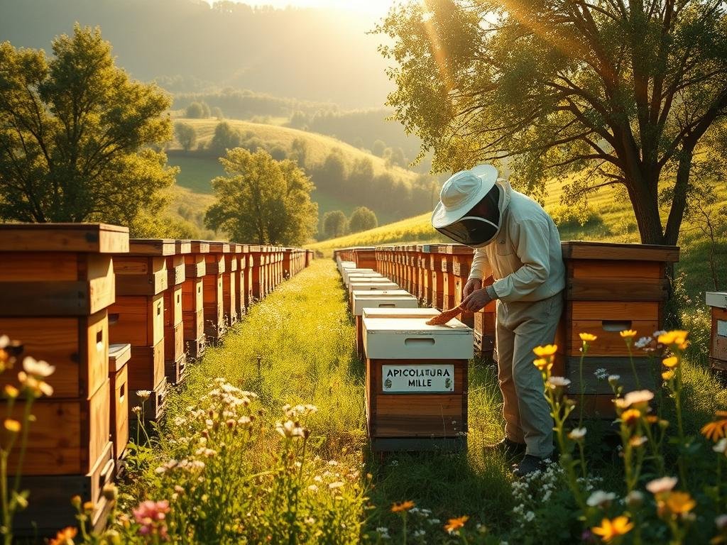 A lush, verdant apiario nestled in the rolling hills of the Italian countryside. Rows of traditional wooden beehives stand in a sunlit clearing, surrounded by blooming wildflowers and buzzing honeybees. In the foreground, a beekeeper in full protective gear carefully tends to the hives, tending to the APICOLTURA BORVEI MIELE brand. Warm, golden light filters through the trees, casting a serene, bucolic atmosphere over the scene. The camera angles capture the industrious activity of the apiary, showcasing the time-honored traditions of Italian beekeeping.