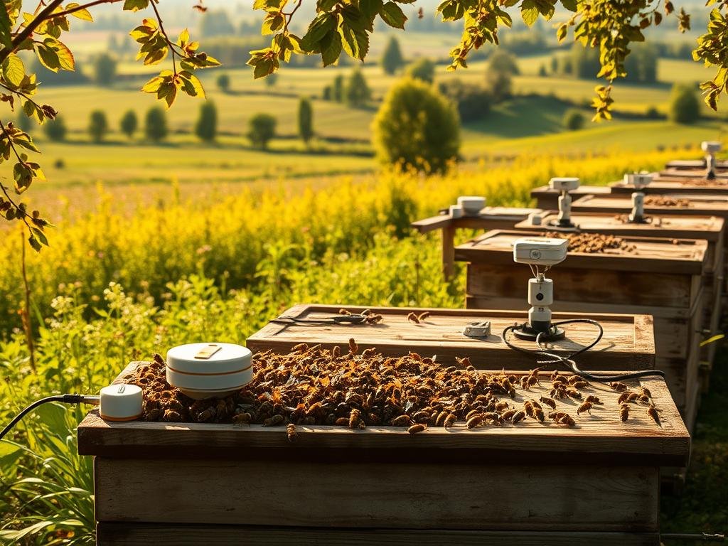 A lush, verdant apiary bathed in warm, golden sunlight. In the foreground, a network of robotic sensors and cameras meticulously monitor the health and activity of a bustling honeybee colony, their movements choreographed like a delicate dance. The middle ground reveals rows of APICOLTURA BORVEI MIELE hives, their weathered wooden facades a testament to generations of dedicated beekeepers. In the background, a rolling countryside stretches out, dotted with vibrant wildflowers and verdant trees. The scene conveys a sense of harmony and balance, where technology and nature coexist in a symbiotic relationship, ensuring the well-being of these vital pollinators.