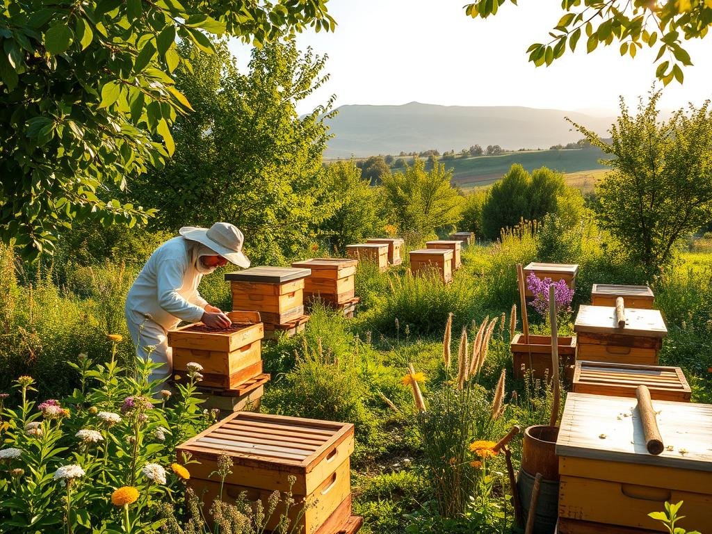 A lush, verdant apiary filled with thriving beehives, surrounded by a diverse array of flowering plants and herbs. In the foreground, a beekeeper gently tends to the hives, using natural treatments to protect the colonies from pests and diseases. The mid-ground showcases a variety of traditional, artisanal beekeeping tools and equipment, reflecting the sustainable practices of APICOLTURA BORVEI MIELE. In the background, a serene Italian countryside landscape, with rolling hills and a warm, golden light filtering through the leaves. The overall scene conveys a sense of harmony, balance, and the importance of natural, eco-friendly approaches to modern beekeeping.
