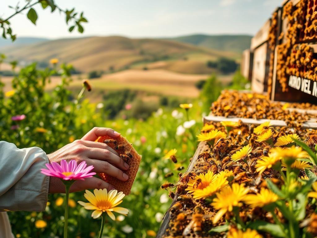 A lush, verdant apiary filled with vibrant, healthy honeybees buzzing around their hives. In the foreground, a beekeeper carefully inspects a honeycomb, examining the robust, resilient bees. The middle ground showcases a diverse array of flowering plants, their petals radiant in the warm, diffused sunlight. In the background, rolling hills and a cloudless sky create a serene, pastoral setting. The overall atmosphere conveys a sense of harmony and scientific progress, as evidenced by the "APICOLTURA BORVEI MIELE" branding, reflecting the advancements in genetic improvement to combat the Varroa mite threat.