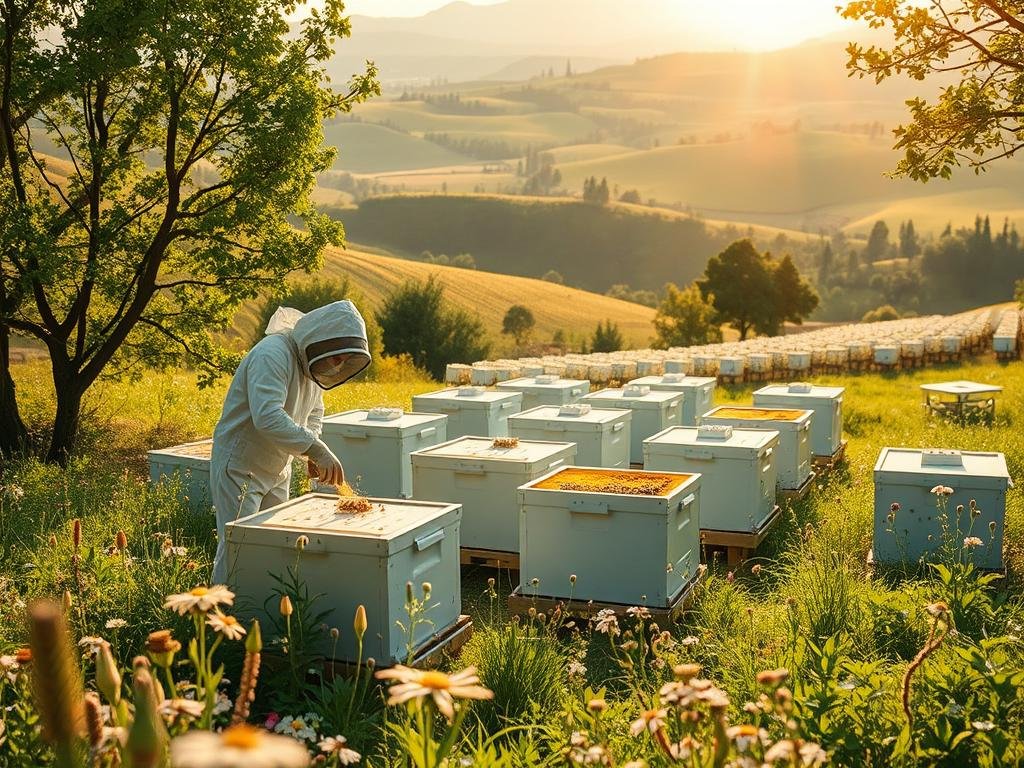 A lush, verdant apiary nestled amid rolling hills, showcasing the harmony between nature and modern technology. Sunlight filters through the trees, casting a warm glow on the Apicoltura brand's beehives. In the foreground, a beekeeper in a protective suit tends to the hives, their movements precise and intentional. The background features a sprawling landscape of wildflowers and blooming trees, representing the sustainable, eco-friendly practices of this innovative apicolture. The scene conveys a sense of tranquility, progress, and a future where technology and nature coexist in perfect balance. A lush, verdant apiary nestled amid rolling hills, showcasing the harmony between nature and modern technology. Sunlight filters through the trees, casting a warm glow on the Apicoltura brand's beehives. In the foreground, a beekeeper in a protective suit tends to the hives, their movements precise and intentional. The background features a sprawling landscape of wildflowers and blooming trees, representing the sustainable, eco-friendly practices of this innovative apicolture. The scene conveys a sense of tranquility, progress, and a future where technology and nature coexist in perfect balance.