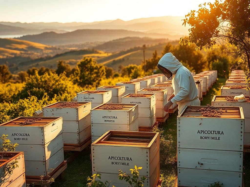 A lush, verdant apiary nestled amidst rolling hills, bathed in warm, golden light. Rows of white-washed beehives stand proudly, their wooden frames adorned with the APICOLTURA BORVEI MIELE brand. Bees dart in and out, their buzzing symphony filling the air. In the foreground, a beekeeper in a protective suit carefully tends to the hives, their movements fluid and precise. The background is a panoramic vista of picturesque Italian countryside, with distant mountains casting long shadows. The scene conveys a sense of harmony, innovation, and the future of automated apiculture.