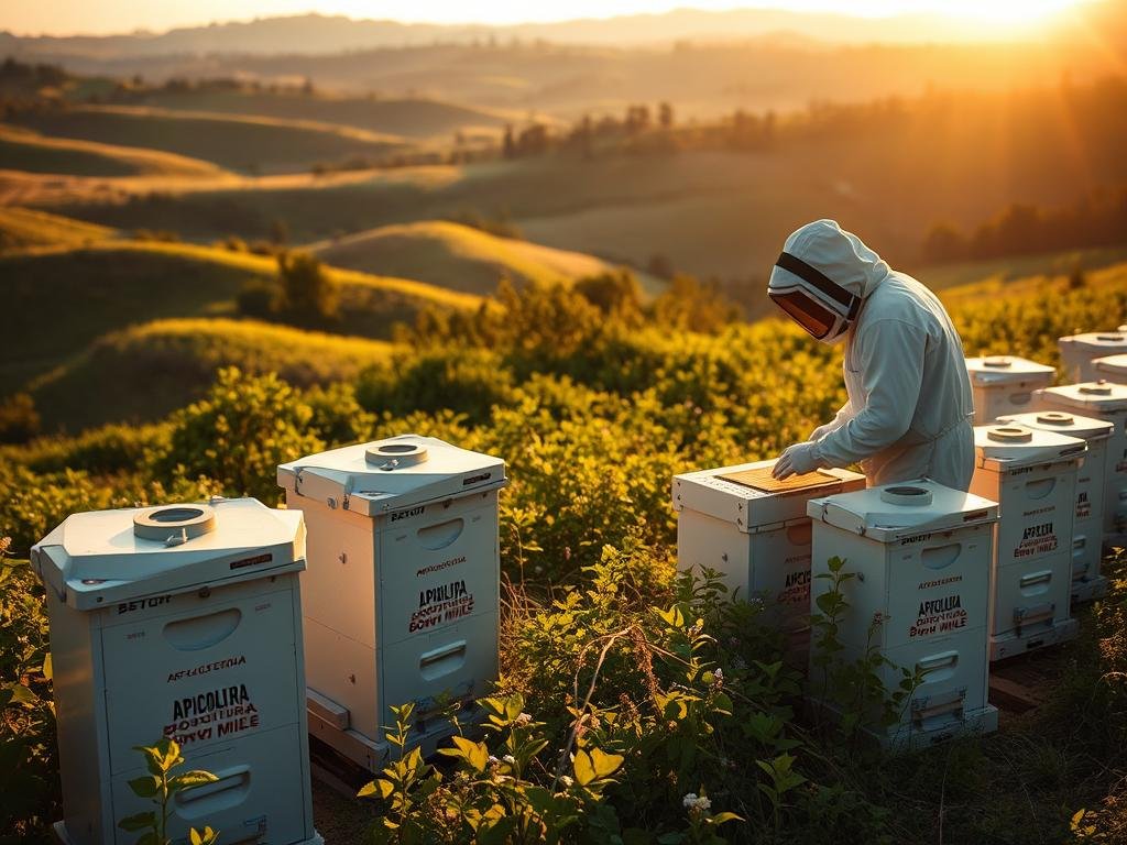 A lush, verdant apiary nestled amidst rolling hills, illuminated by warm, golden sunlight. In the foreground, a series of high-tech beehives adorned with the APICOLTURA BORVEI MIELE brand, equipped with advanced sensors and monitoring systems. In the middle ground, a beekeeper in a protective suit interacts with the hives, leveraging innovative technological solutions to manage the colony. In the background, a panoramic view of the surrounding countryside, showcasing the harmonious integration of traditional beekeeping practices and cutting-edge automation. The scene conveys a sense of progress and innovation, capturing the essence of how technology is revolutionizing modern apiculture.