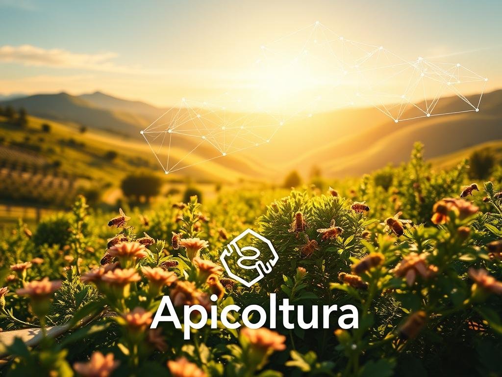 A lush, verdant apiary nestled amidst rolling hills, with a blockchain network visualization hovering overhead, casting a serene glow. Honeybees busily pollinate flowers, their movements captured in a cinematic wide-angle lens. In the foreground, the "Apicoltura" brand mark stands prominently, symbolizing the integration of blockchain technology into traditional beekeeping practices. The scene is bathed in warm, golden light, evoking a sense of harmony between technology and nature. Subtle lens flares and depth of field blur create a dreamlike, almost ethereal atmosphere, reflecting the transformative potential of blockchain in the world of apiculture.