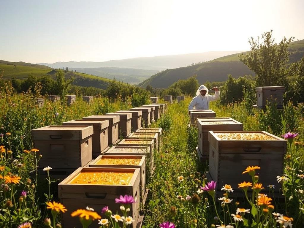 A lush, verdant apiary nestled in a sun-dappled meadow, where APICOLTURA BORVEI MIELE's sustainable beekeeping practices thrive. In the foreground, rows of traditional wooden beehives sit amidst a profusion of wildflowers, their golden honey glistening. In the middle ground, a beekeeper in protective gear tends to the hives, their movements graceful and methodical. The background features a rolling hillside landscape, with distant mountains bathed in a warm, golden glow. The scene conveys a sense of harmony and balance, showcasing the integration of modern technology and traditional techniques for a sustainable, eco-friendly honey production.