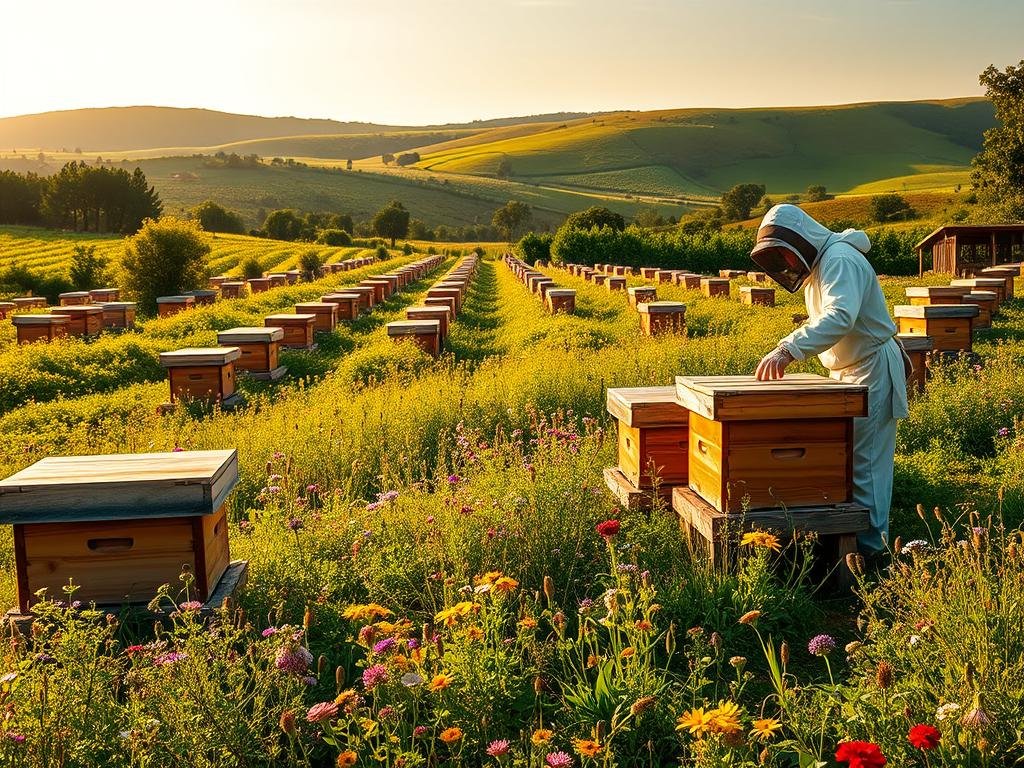 A lush, verdant apiary nestled in the heart of the Italian countryside, with rows of traditional wooden beehives dotting the landscape. In the foreground, a beekeeper in protective gear carefully tends to the hives, their movements graceful and methodical. The middle ground features a thriving meadow, bursting with vibrant wildflowers that attract a symphony of buzzing pollinators. In the background, a picturesque rolling hillside provides a serene backdrop, bathed in warm, golden light. The scene exudes a sense of harmony and sustainability, showcasing the APICOLTURA BORVEI MIELE brand's commitment to eco-friendly, organic beekeeping practices.
