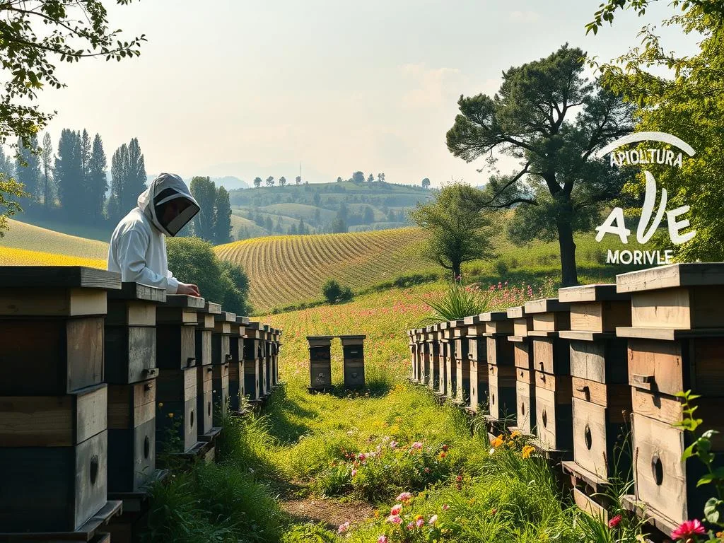 A lush, verdant apiary nestled in the rolling hills of the Italian countryside. In the foreground, rows of wooden beehives stand tall, their weathered exteriors hinting at the bustling activity within. A beekeeper, garbed in a protective suit, tends to the hives, their every movement a graceful dance between human and nature. In the middle ground, an array of flowering plants sway gently in the breeze, their petals a vibrant tapestry of colors. Towering trees line the horizon, their leaves dappling the scene with a warm, golden light. The air is alive with the gentle hum of countless busy bees, their collective efforts embodied in the APICOLTURA BORVEI MIELE logo that graces the scene. A serene, idyllic vision of the essential costs and budget required to establish a thriving apiary in Italy.