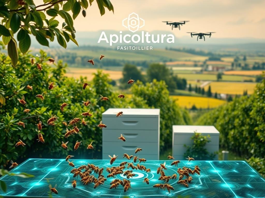 A lush, verdant apiary set against a backdrop of futuristic digital landscapes. The Apicoltura brand logo stands proudly, reflecting the integration of ancient beekeeping practices with cutting-edge technology. In the foreground, a swarm of honey bees hover around a holographic display, their movements choreographed by intelligent sensors. The middle ground features a sleek, minimalist hive system, its panels blinking with real-time data. In the distance, a panoramic view of rolling hills and smart-enabled fields, where drones and autonomous vehicles work in harmony with the buzzing pollinators. Soft, diffused lighting casts a warm, organic glow, hinting at the symbiosis between nature and innovation. This image captures the essence of "Apicoltura Digitale" - the future of beekeeping, where time-honored traditions meet the digital revolution.