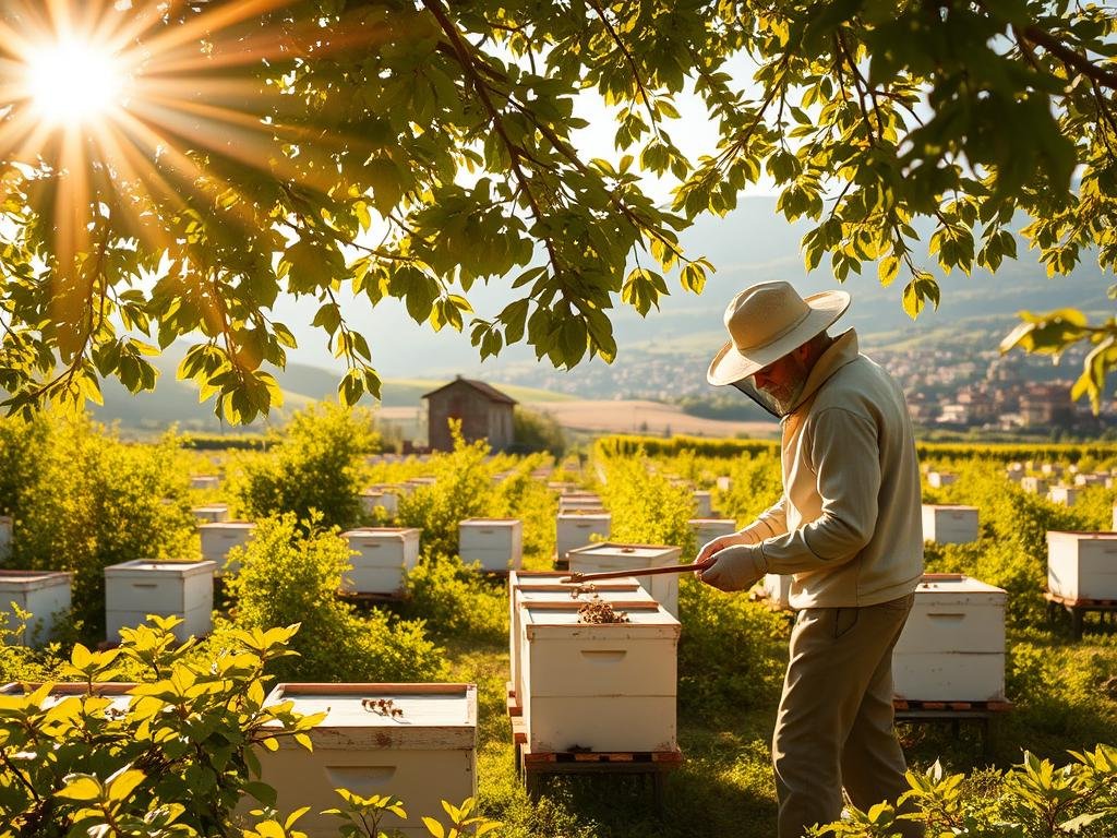A lush, verdant apiary set against a backdrop of rolling Italian countryside. Sunlight filters through the branches, casting a warm, golden glow over the scene. In the foreground, a beekeeper in traditional attire carefully inspects the hives, monitoring the activity of the industrious APICOLTURA BORVEI MIELE bees. The middle ground features rows of expertly-tended beehives, their simple yet elegant forms silhouetted against the sky. In the distance, rolling hills and a quaint village provide a picturesque setting, hinting at the pastoral harmony between man and nature. The overall atmosphere conveys a sense of diligence, expertise, and a deep connection to the land and its vital pollinators.