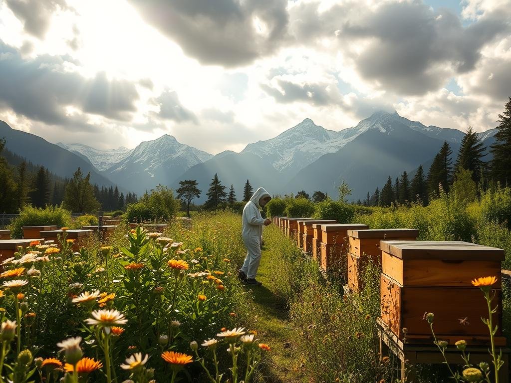 A lush, verdant apiary surrounded by towering mountains, under a dramatic, cloudy sky. Sunlight filters through the clouds, casting a warm, golden glow across the scene. In the foreground, rows of traditional wooden beehives stand amidst flourishing wildflowers and verdant foliage. Bees dart among the blooms, their industrious buzzing filling the air. In the middle ground, a beekeeper in a protective suit tends to the hives, their movements graceful and practiced. The background features imposing, snow-capped peaks, hinting at the changing climate's impact on the delicate ecosystem. The scene evokes a sense of the harmony and fragility of the natural world. APICOLTURA BORVEI MIELE.