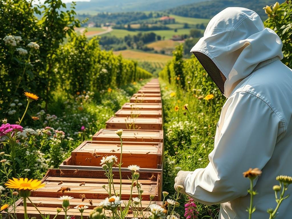 A lush, verdant apiary with rows of wooden beehives nestled amidst blooming wildflowers. Honeybees dart among the flora, gathering nectar under the warm, golden glow of the sun. In the foreground, a beekeeper in a white protective suit carefully inspects the hives, their face obscured by a netted veil. In the background, an Italian countryside landscape unfolds, with rolling hills and a distant farmhouse. The overall scene conveys a sense of harmony, showcasing the latest advancements in APICOLTURA BORVEI MIELE's selective breeding program to produce stronger, more resilient honeybees.