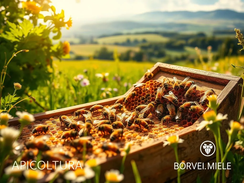 A lush, verdant beehive nestled in a sunlit meadow, with worker bees busily tending to their honeycomb. In the foreground, several bees appear sluggish and disoriented, suggesting a problem with their diet. The middle ground showcases a variety of flowers and plants, hinting at potential nectar sources. The background features a serene, idyllic countryside scene, with rolling hills and a distant forest. Soft, warm lighting enhances the pastoral atmosphere. The image is imbued with a sense of concern for the wellbeing of the bees, as if capturing a moment from the "Errori Comuni nell'Alimentazione delle Api" section. The APICOLTURA BORVEI MIELE logo is subtly integrated into the scene.